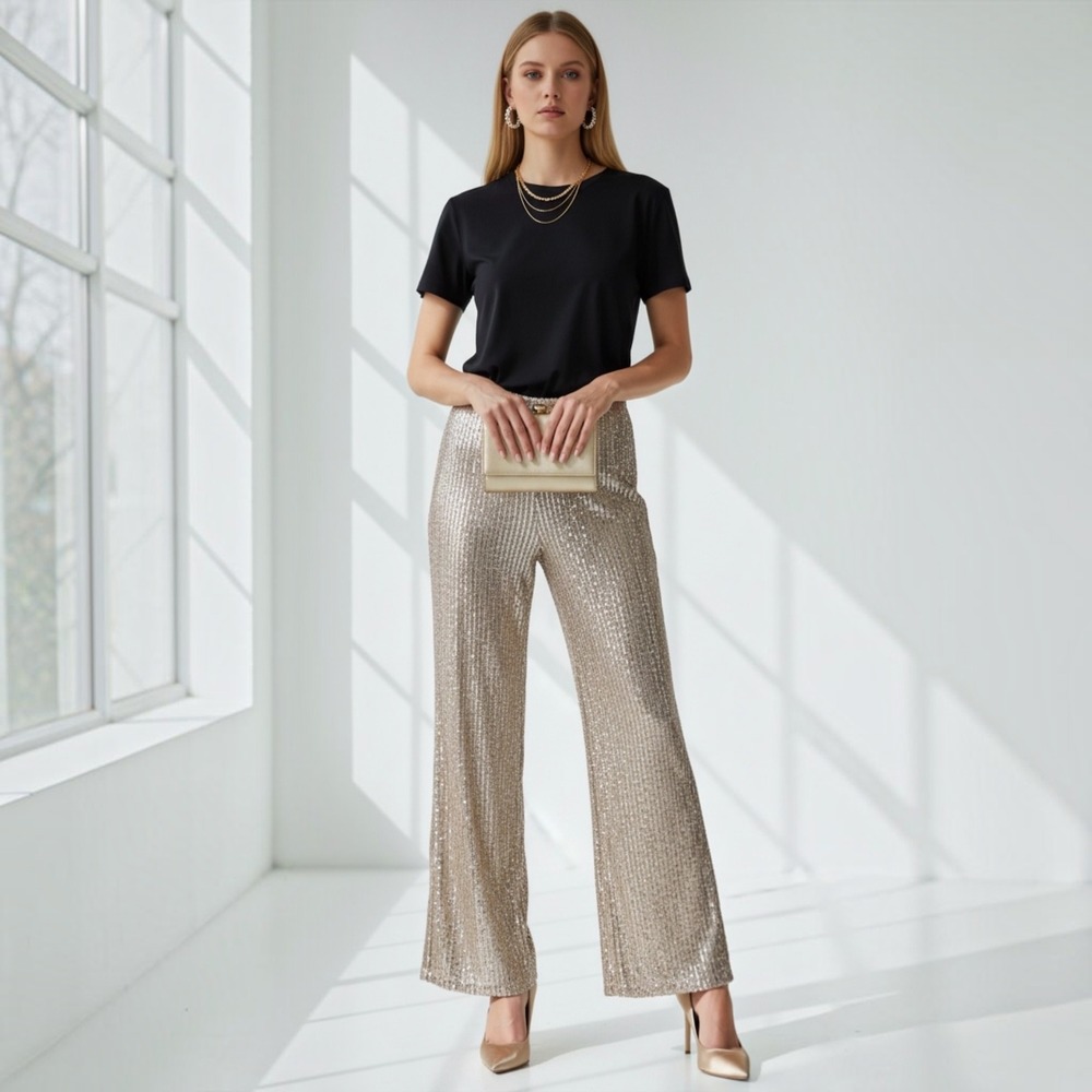The Limited Sequin Wide Leg Pants Champagne Gold Sparkle Evening Trousers Size 4